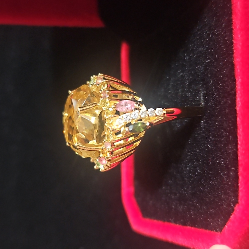 Floral Cut Premium Brazilian Citrine And Multi Gemstone Gilded Garden Ring